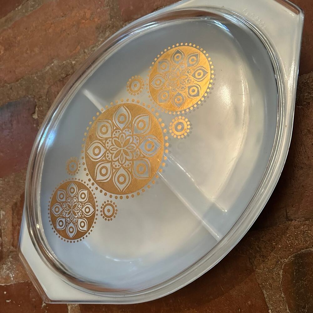 Vintage Pyrex Royal Blue Divided Casserole Dish with Gold Medallion Lid 1960's